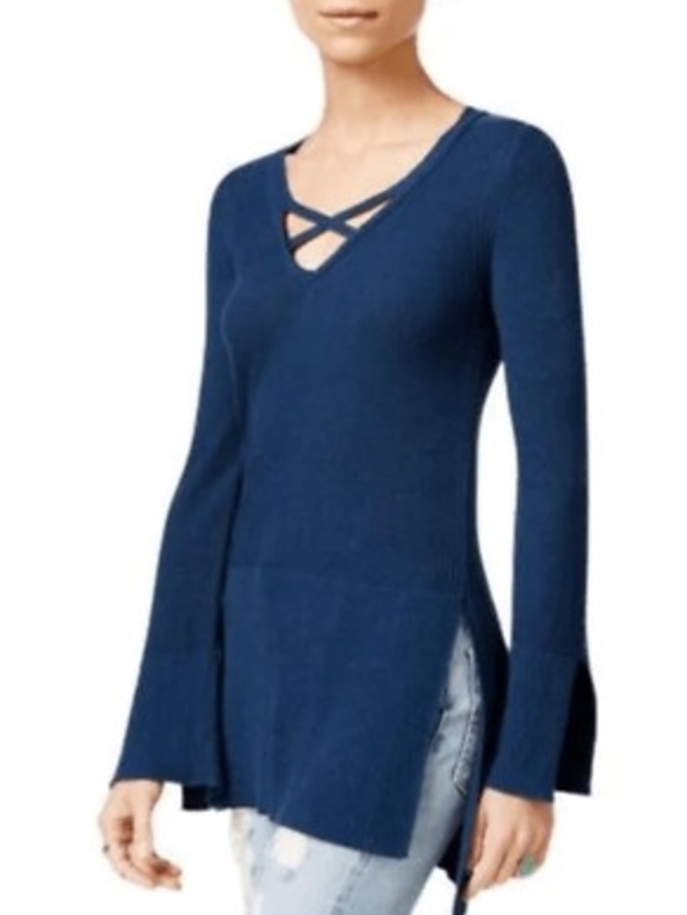 Free People Navy V-Neck Cross-Front Long Sleeve Side Slit Tunic-Size:M